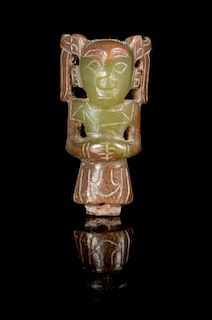 A Carved Celadon and Russet Jade Figure of a Man Length 2 1/4 inches.