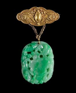 A Pierce Carved Apple Green Jadeite Pendant Length 1 7/8 inches.