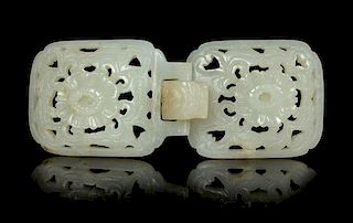 A Pale Celadon Jade Two-Part Belt Buckle Length 4 3/4 inches.