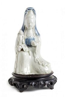 A Blue Decorated White Glazed Porcelain Figure of Guanyin Height 7 3/4 inches.