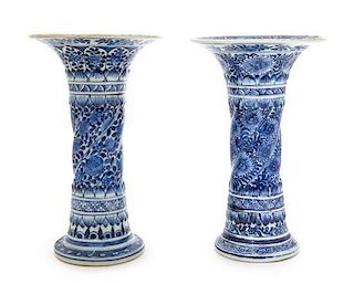 A Pair of Blue and White Beaker Vases Height of tallest 10 1/2 inches.