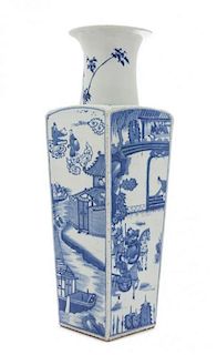 A Blue and White Porcelain Square Vase Height 19 1/2 inches.
