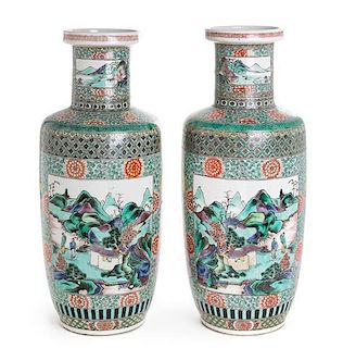 A Pair of Famille Verte Porcelain Rouleau Vases Height of each 18 inches.