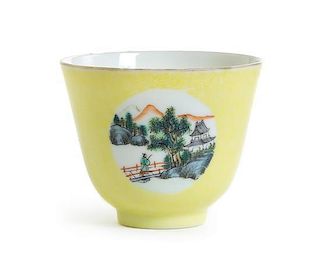 A Small Famille Jaune Porcelain Cup Height 2 1/2 inches.