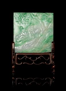 An Apple Green and Celadon Jadeite Plaque Length 2 5/8 x width 2 5/8 inches.