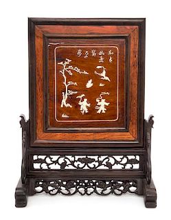 A Bone Inset Huanghuali Wood Table Screen Height 15 1/2 x width 14 inches.