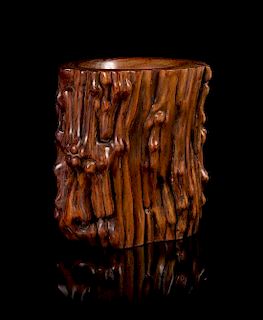 A Huanghuali Wood Brush Pot, Bitong Height 6 inches.