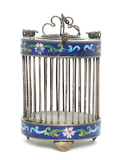 A Silver and Enameled Cricket Cage Height 6 inches.