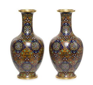 A Pair of Cloisonne Enamel Vases Height of each 7 3/4 inches.