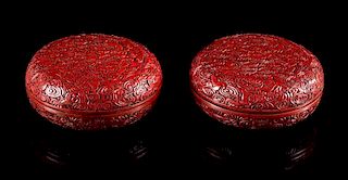 A Pair of Cinnabar Lacquer Covered Boxes Diameter of each 6 1/4 inches.