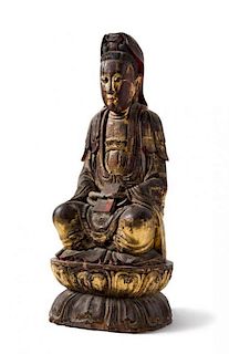 A Gilt Lacquered Wood Figure of Guanyin Height 34 1/2 inches.