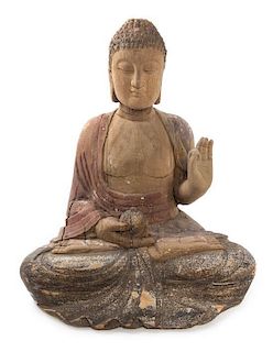 A Carved Wood Seated Buddha Height 30 inches.