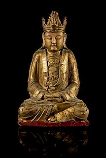 A Gilt Lacquered Wood Figure of Guanyin Height 12 inches.