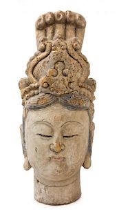 A Carved Wood Head of Guanyin Height 19 inches.