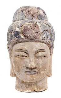 A Painted Wood Head of Buddha Height 14 inches.