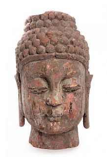 A Massive Carved Wood Head of Buddha Height 31 inches.