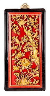 Four Gilt and Red Lacquer Wood Panels Height of each panel 33 x 15 3/4 inches.