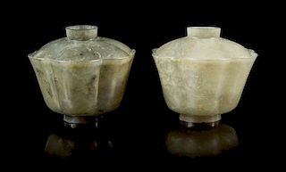 A Pair of Carved Celadon Jade Floriform Covered Bowls Height of taller 3 1/2 inches.