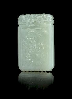 A Celadon Jade Carved Plaque Length 2 3/8 inches.