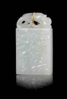 A White Jade Plaque Height of jade 2 1/4 inches.