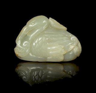 A Pale Celadon Jade Figure of a Recumbent Duck Length 3 inches.