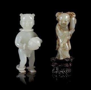 Two Carved Jade Figures of Boys Height of taller 3 3/8 inches.