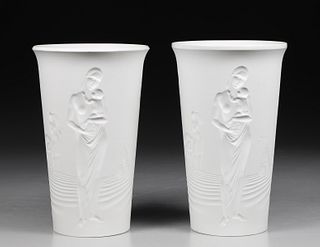 Pair KPM Art Deco Erntebecher Bisque Porcelain Vases