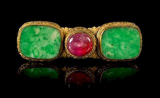 A Jadeite and Pink Tourmaline Inset Gilt Bronze Mounted Pendant Length 3 1/2 inches.
