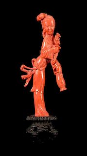 * A Carved Red Coral Figure of a Meiren Height of coral 5 1/2 inches.