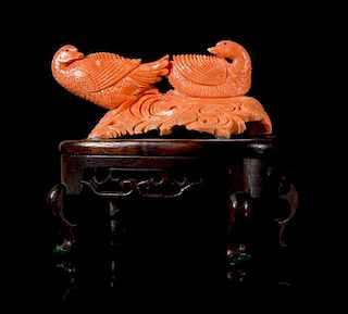* A Carved Coral Figural Group Height 1 3/4 x 4 1/2 inches without stand