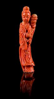 A Small Coral Carving of a Female Immortal Height 3 inches.