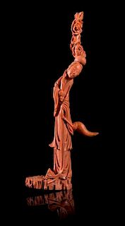 A Red Coral Figure of a Female Immortal Height 13 inches.