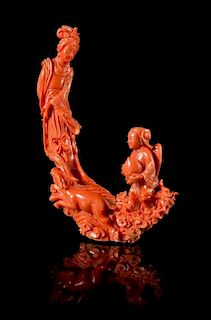* A Carved Red Coral Figural Group Height 5 1/2 inches.