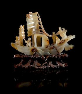 A Carved Agate Model of a Boat Length 8 3/4 inches.