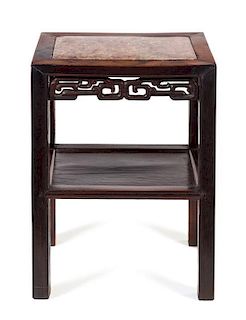 A Chinese Marble Inset Hardwood Side Table Height 21 3/4 x width 16 1/2 x depth 12 1/4 inches.