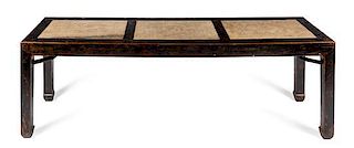 * A Large Chinese Marble Inlaid Lacquered Elmwood Painting Table Height 31 x length 94 1/2 x width 27 1/2 inches.