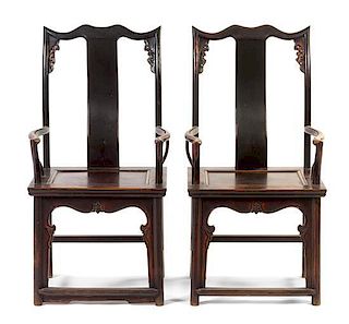 * A Pair of Chinese Lacquered Elmwood Official's Hat Armchairs, Sichutouguanmaoyi Height 44 3/4 inches.