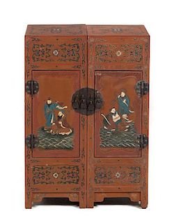 A Small Chinese Polychrome Painted Red Lacquered Chest Height 20 1/8 x width 14 x depth 7 inches.