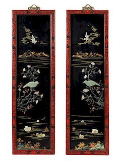 A Pair of Chinese Hardstone Inset Lacquer Panels Height 42 x width 12 1/2 inches.