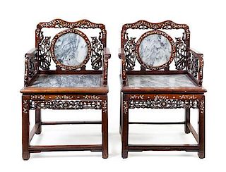 A Pair of Chinese Export Mother-of-Pearl Inlaid Hongmu Chairs Height of each 39 inches.