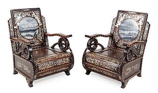 A Pair of Chinese Export Marble Inset Mother-of-Pearl Inlaid Armchairs Height of each 33 3/4 inches.