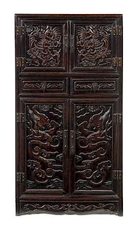 A Chinese Carved Hardwood Cabinet Height 28 x width 15 x depth 7 3/4 inches.