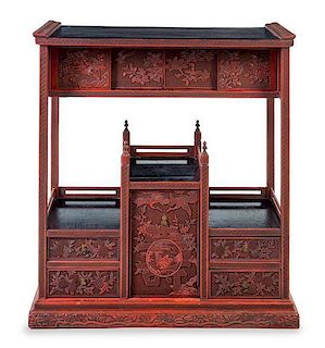 A Chinese Cinnabar Lacquer Display Cabinet Height 35 1/4 x length 31 3/4 x depth 13 1/4 inches.