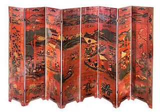 A Large Chinese Polychrome Painted Red Lacquered Floor Screen Height of each panel 92 1/4 x width 16 3/4 inches.