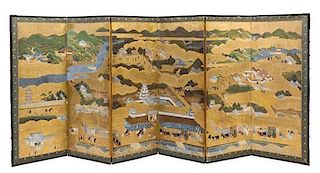 A Japanese Six-Fold Floor Screen Height 46 1/2 x width of each panel 18 1/4 inches.