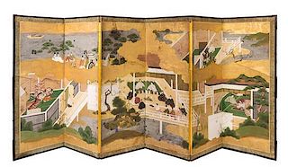 A Japanese Six-Panel Floor Screen Height 47 1/4 x width of each panel 18 3/4 inches.