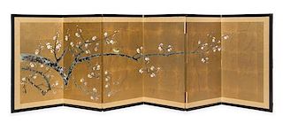 * A Japanese Six-Fold Floor Screen Height of each panel 19 3/4 x width 12 inches.