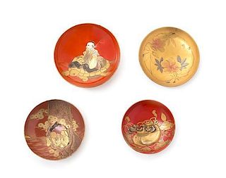 Four Lacquer Dishes Diameter of largest 4 1/2 inches.