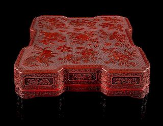 A Large Cinnabar Lacquer Square Covered Box Length 18 1/4 c width 18 1/4 inches.