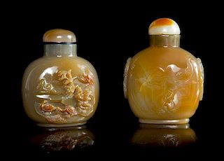 Two Carved Agate Snuff Bottles Height of taller 2 7/8 inches.